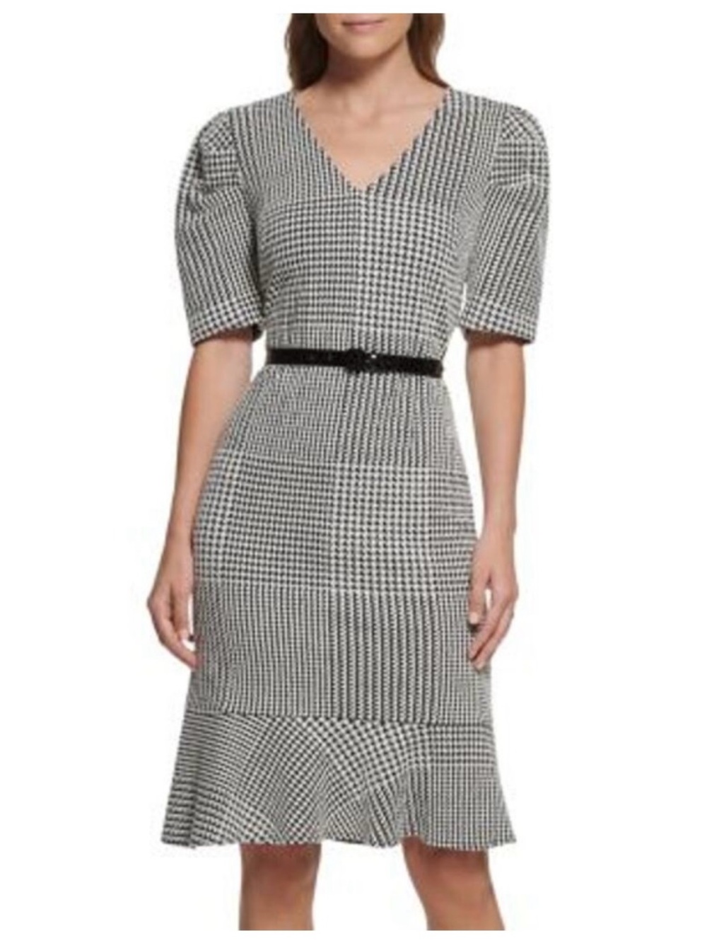 Houndstooth knit belted dress